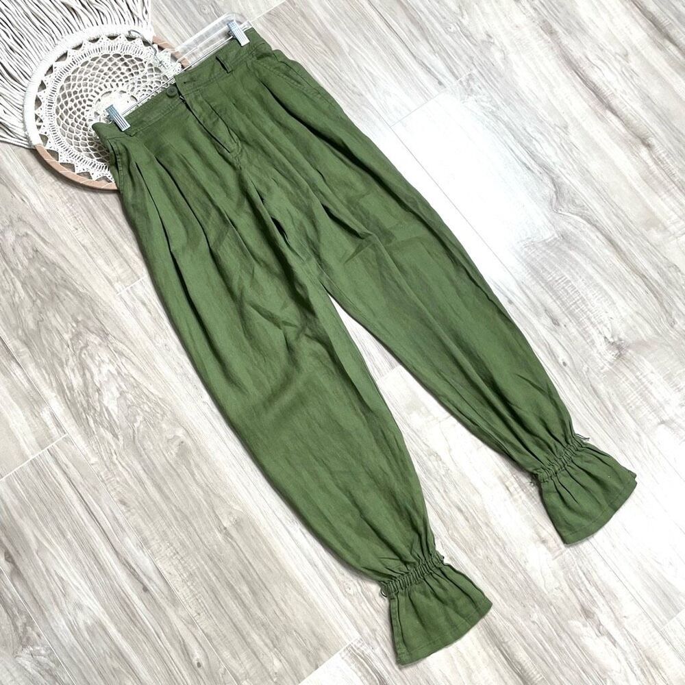 Anthropologie Ankle-Tie bell bottom 100% linen‎ pants Size 0 green - Picture 4 of 14